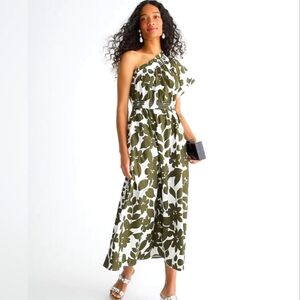 J Crew Smocked cotton poplin one-shoulder dress in leafy floral size M
